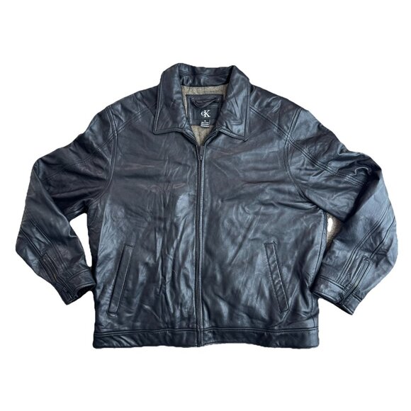 Calvin Klein Mens Leather‎ Bomber Jacket Black Size XL Vintage Soft Zip - Picture 1 of 7